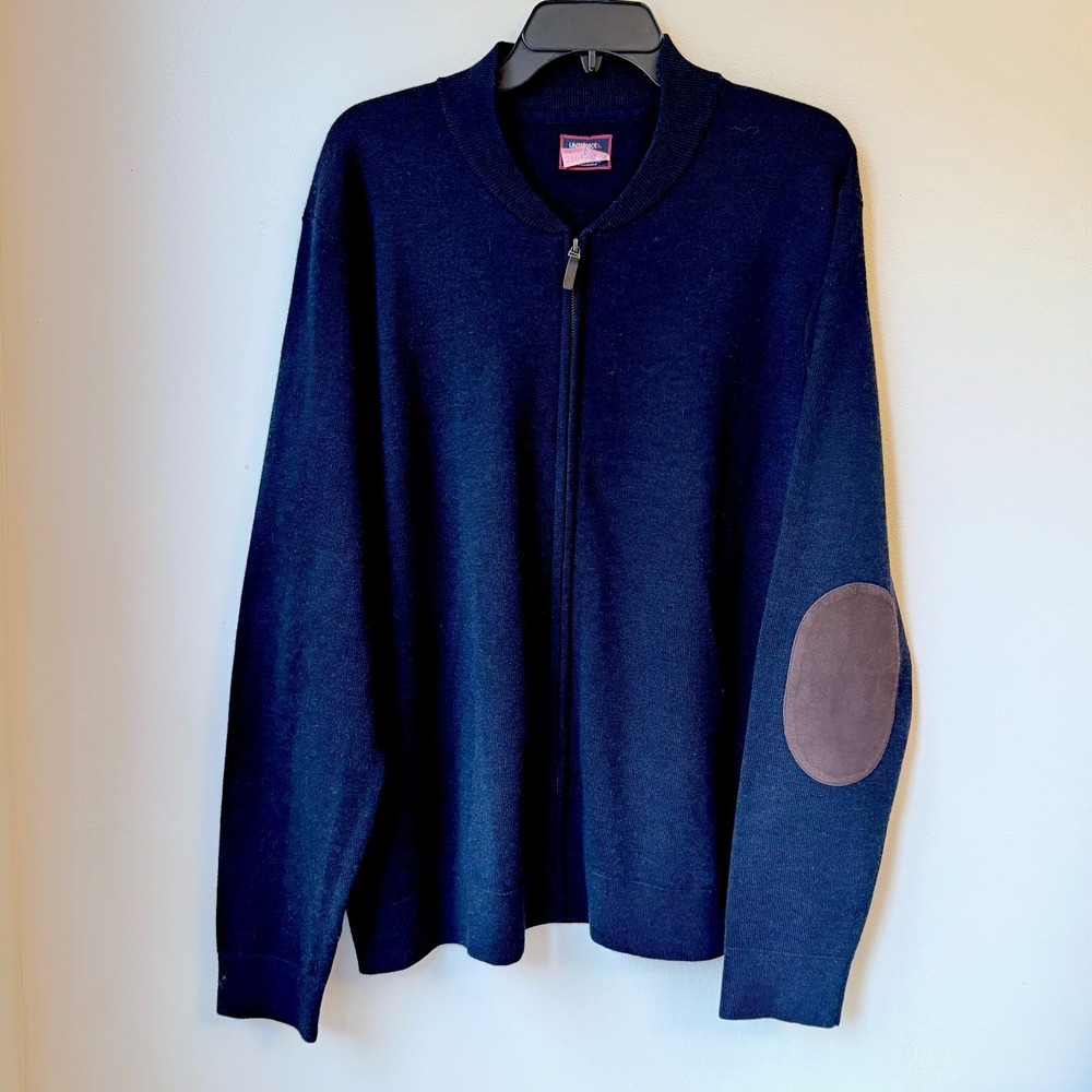 Untuckit Merino Wool Blend Full Zip Cardigan XL Navy Elbow Patches Preppy